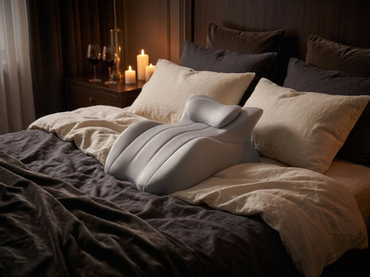Coussin Élova Gris Perle sur lit, ambiance bougies