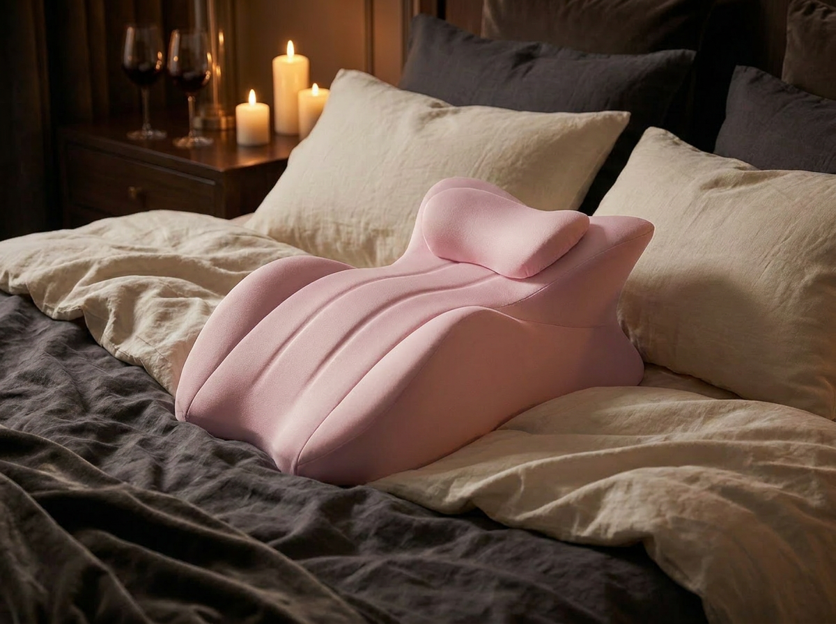 Coussin Élova Rose Poudré sur lit, ambiance bougies