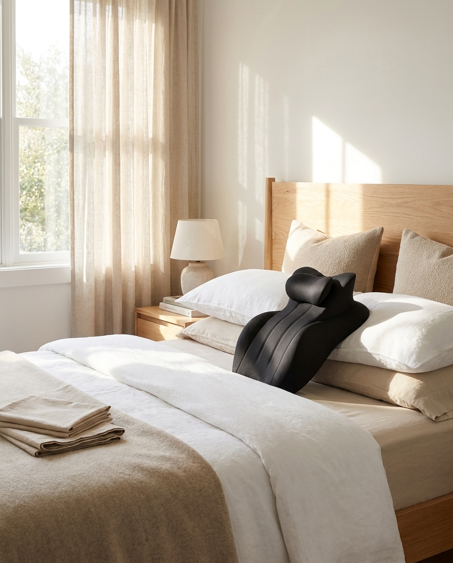 Coussin Élova discret sur lit fait, lumière du matin